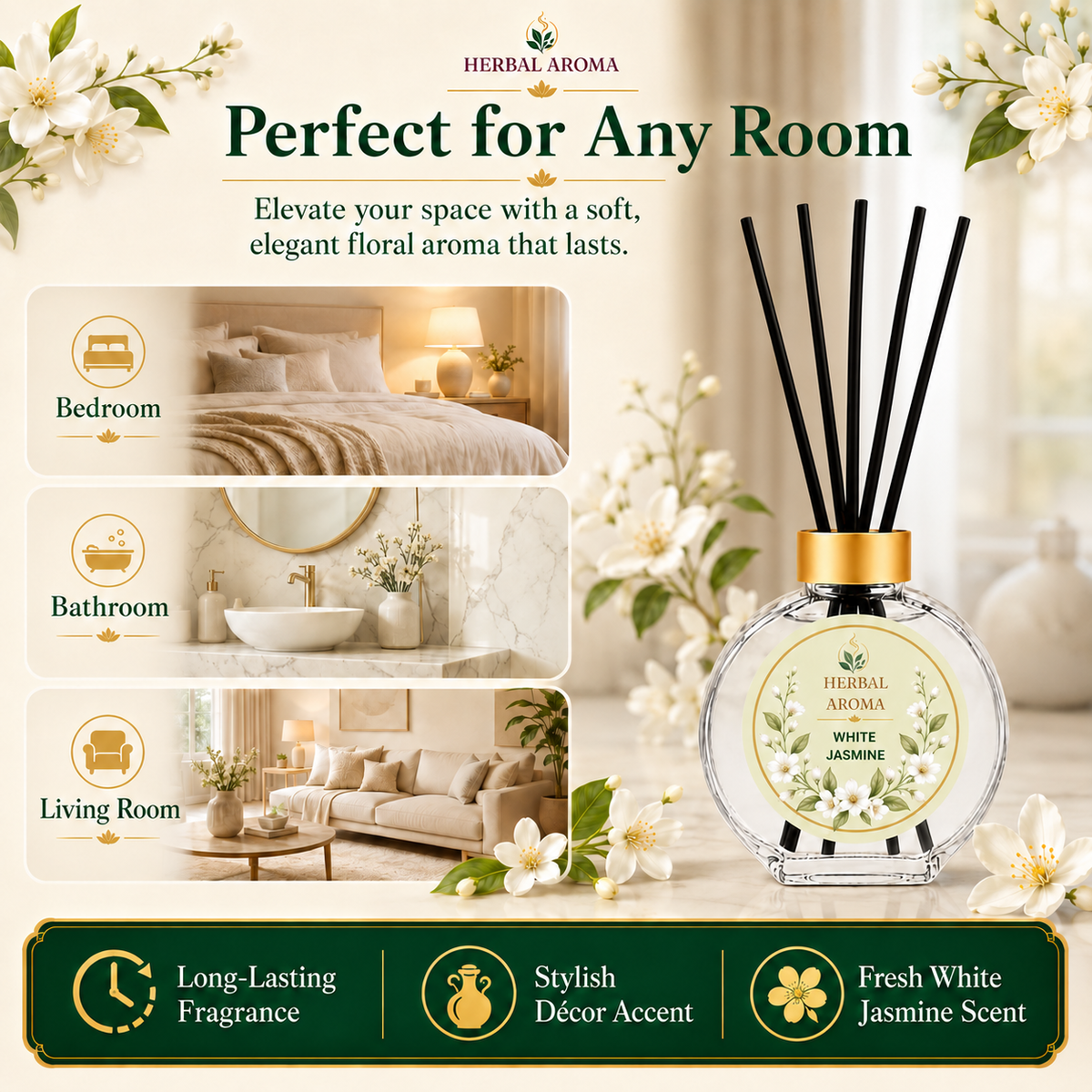 Herbal Aroma White Jasmine Reed Diffuser Set, 3 Pack Home Fragrance Diffusers, 100 mL Each, 300 mL Total, Floral Reed Diffusers for Home & Office