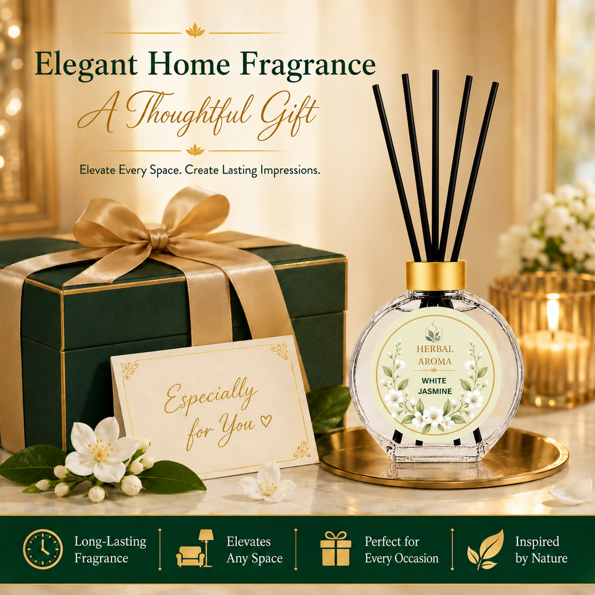 Herbal Aroma White Jasmine Reed Diffuser Set, 3 Pack Home Fragrance Diffusers, 100 mL Each, 300 mL Total, Floral Reed Diffusers for Home & Office
