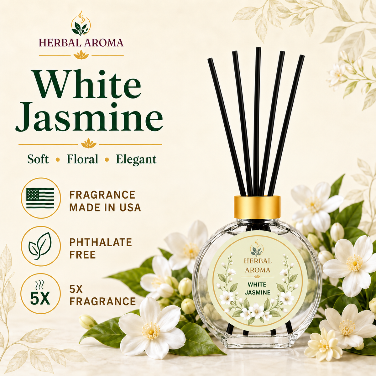 Herbal Aroma White Jasmine Reed Diffuser Set, 3 Pack Home Fragrance Diffusers, 100 mL Each, 300 mL Total, Floral Reed Diffusers for Home & Office