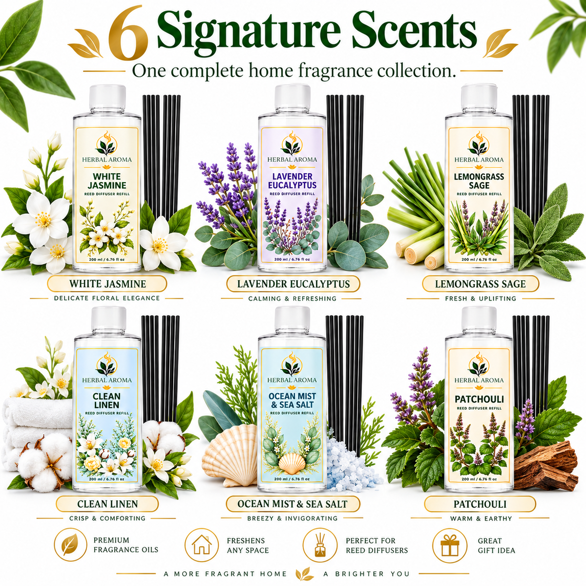 Herbal Aroma 6-Piece Reed Diffuser Refill Variety Set with Black Reeds – 6 Scents, 200 ml Each