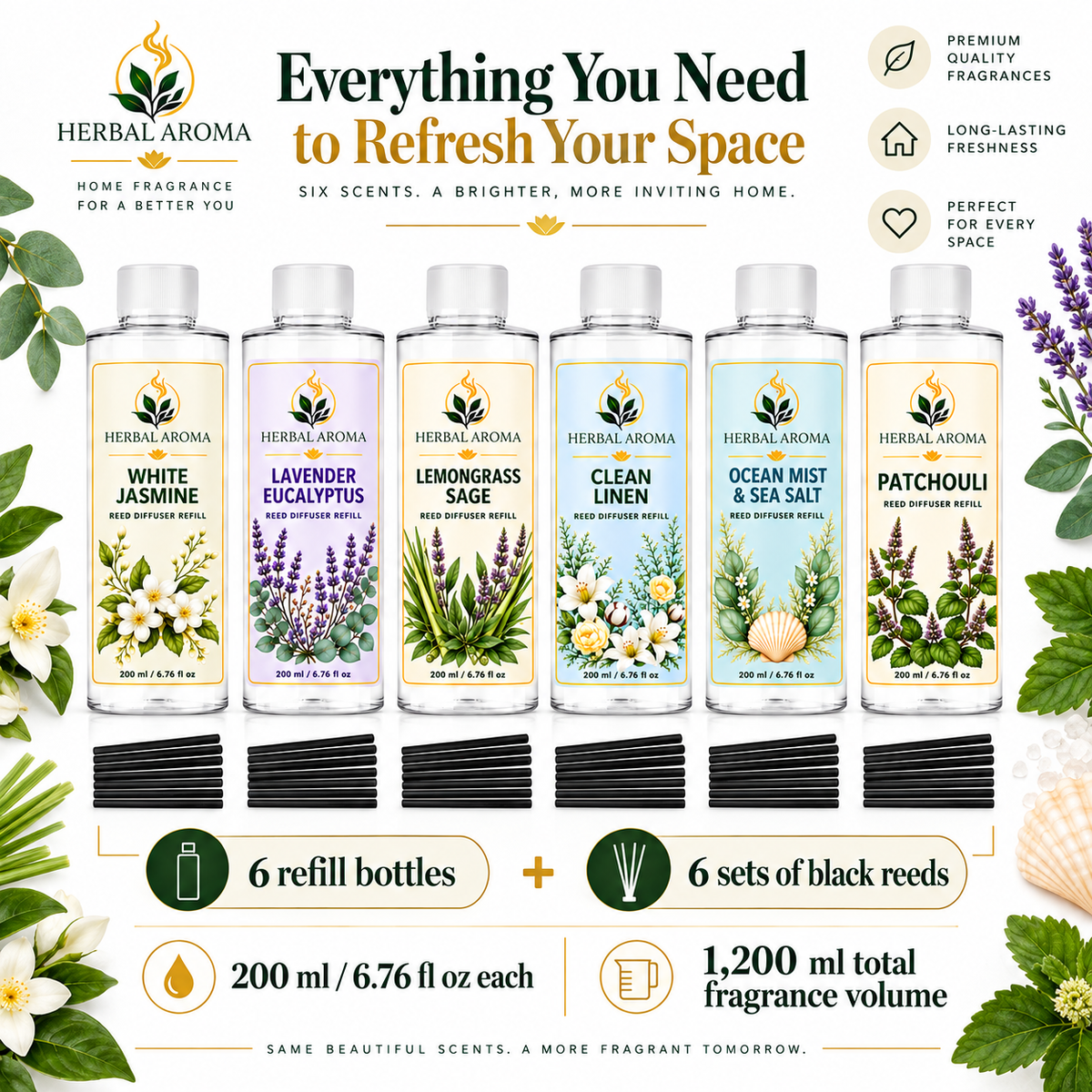 Herbal Aroma 6-Piece Reed Diffuser Refill Variety Set with Black Reeds – 6 Scents, 200 ml Each