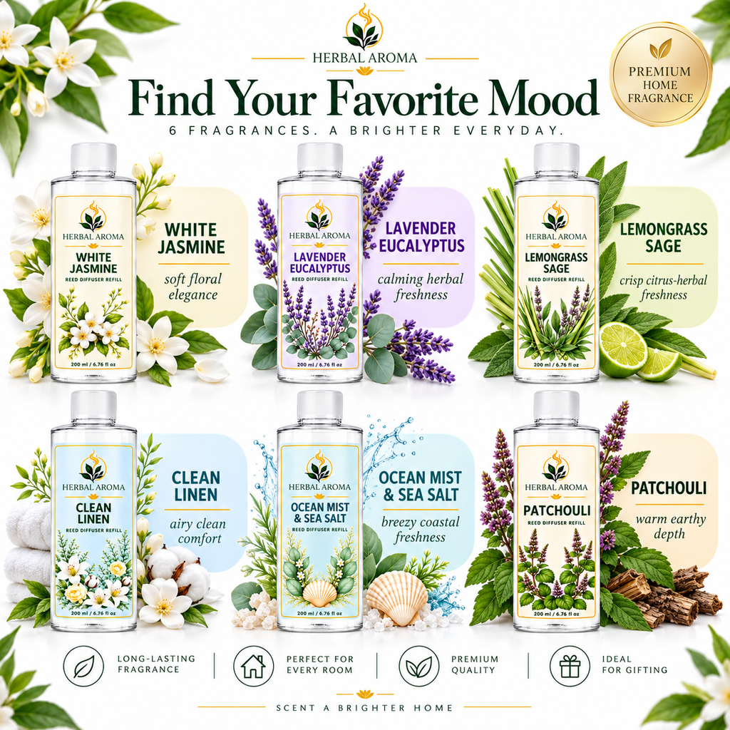 Herbal Aroma 6-Piece Reed Diffuser Refill Variety Set with Black Reeds – 6 Scents, 200 ml Each