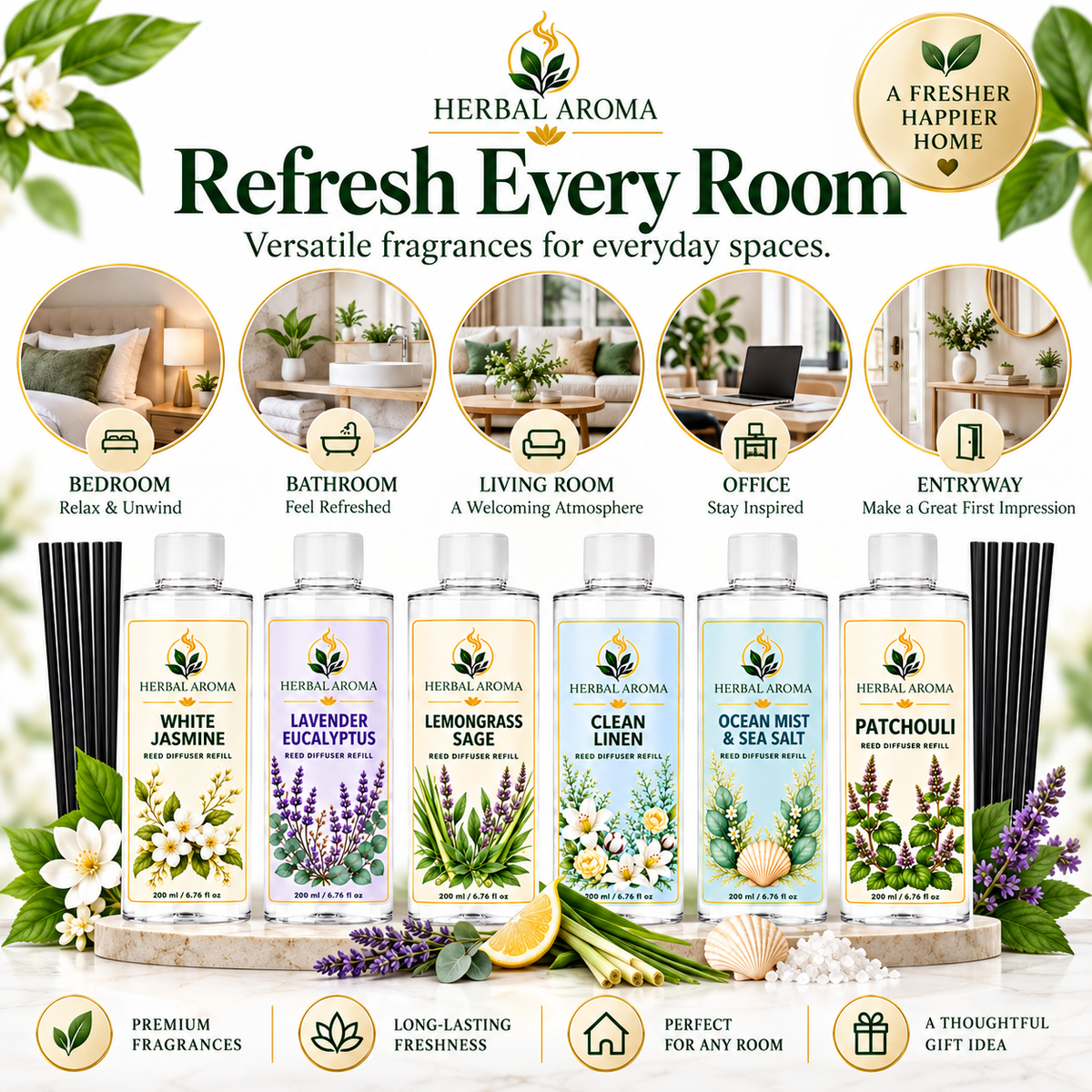 Herbal Aroma 6-Piece Reed Diffuser Refill Variety Set with Black Reeds – 6 Scents, 200 ml Each