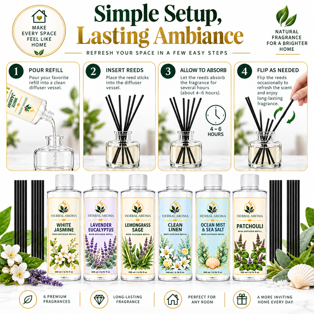 Herbal Aroma 6-Piece Reed Diffuser Refill Variety Set with Black Reeds – 6 Scents, 200 ml Each