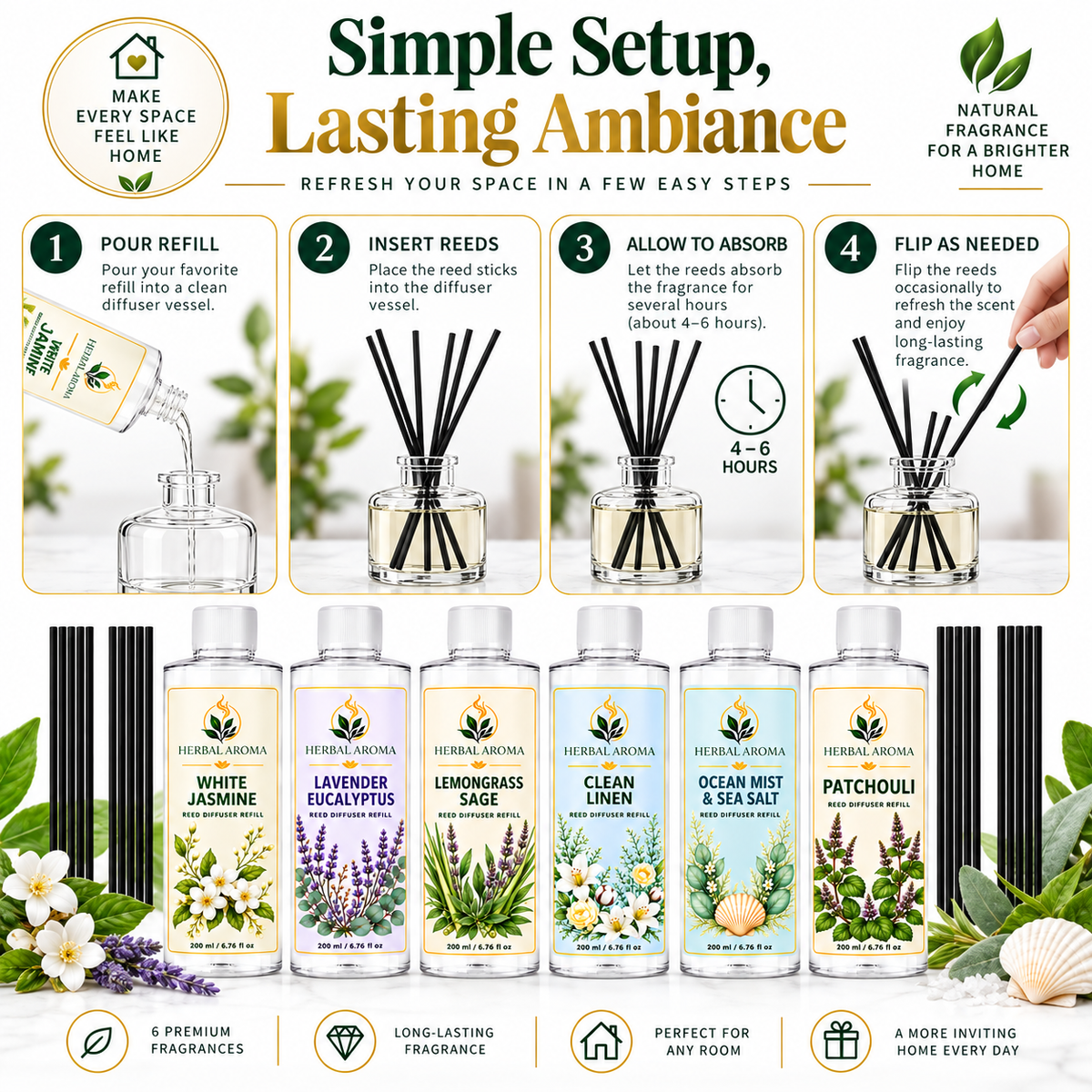 Herbal Aroma 6-Piece Reed Diffuser Refill Variety Set with Black Reeds – 6 Scents, 200 ml Each