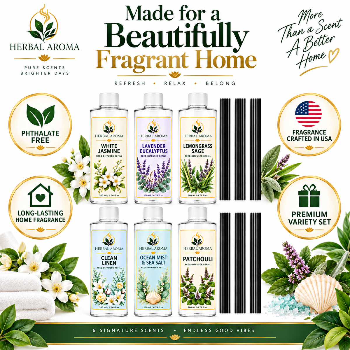 Herbal Aroma 6-Piece Reed Diffuser Refill Variety Set with Black Reeds – 6 Scents, 200 ml Each