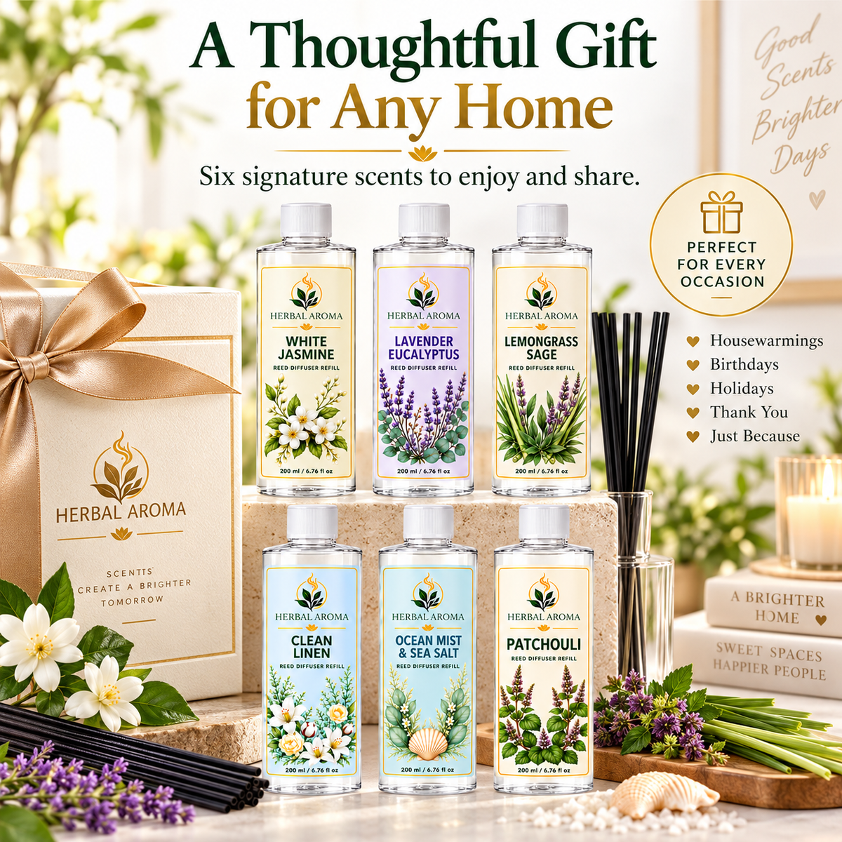 Herbal Aroma 6-Piece Reed Diffuser Refill Variety Set with Black Reeds – 6 Scents, 200 ml Each