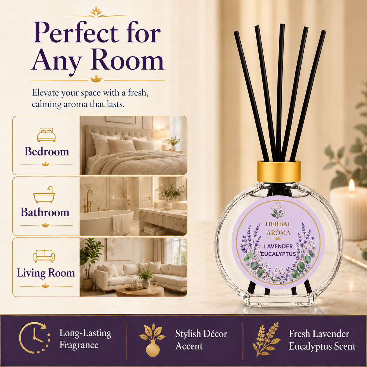 Herbal Aroma Lavender Eucalyptus Reed Diffuser Refill Set, 3 Pack, 200 mL Each, 600 mL Total, Includes Black Reeds, Home Fragrance Refill