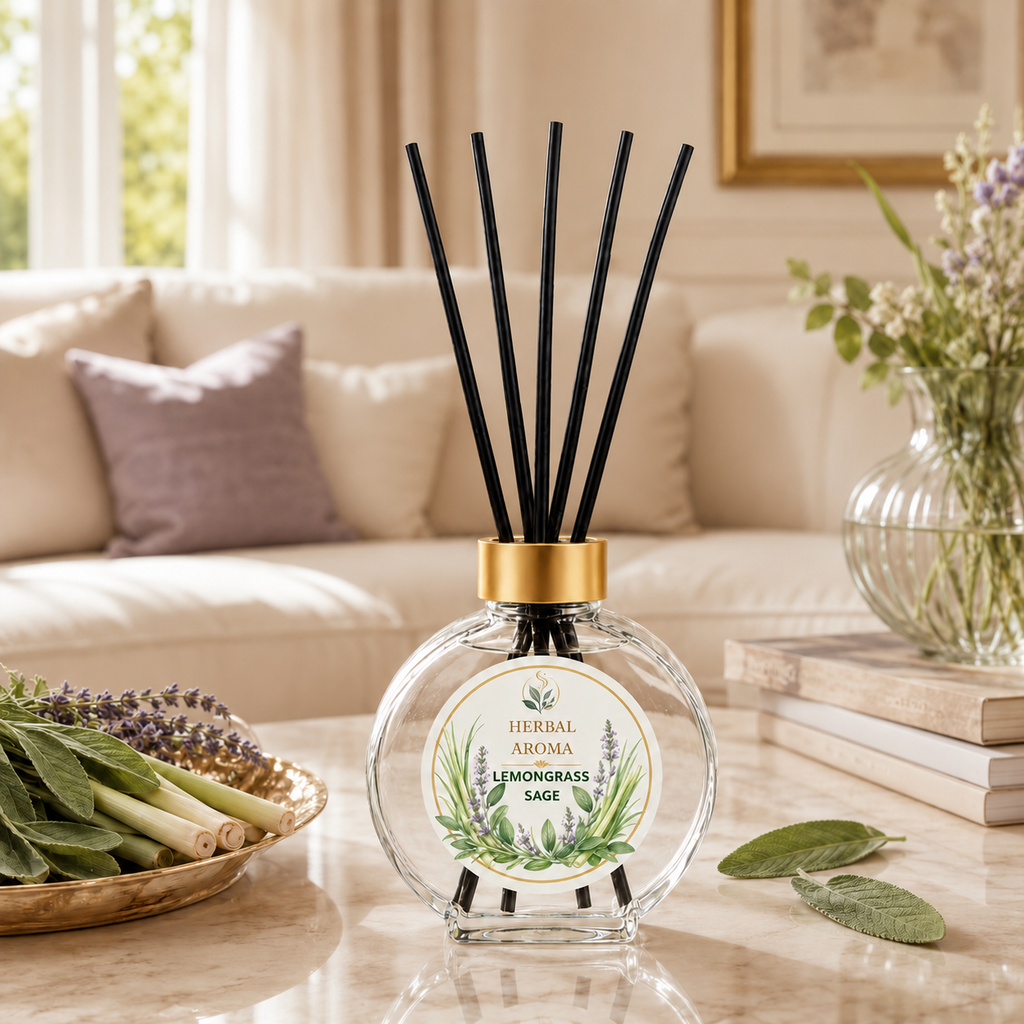 Herbal Aroma Lemongrass & Sage Reed Diffuser Refill Set, 3 Pack, 200 mL Each, 600 mL Total, Includes Black Reeds, Home Fragrance Refill