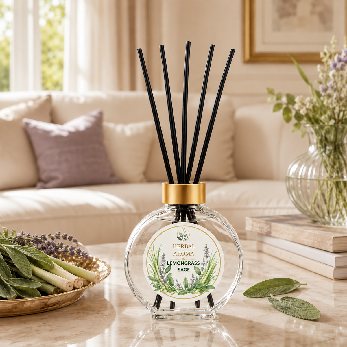 Herbal Aroma Lemongrass & Sage Reed Diffuser Refill Set, 3 Pack, 200 mL Each, 600 mL Total, Includes Black Reeds, Home Fragrance Refill