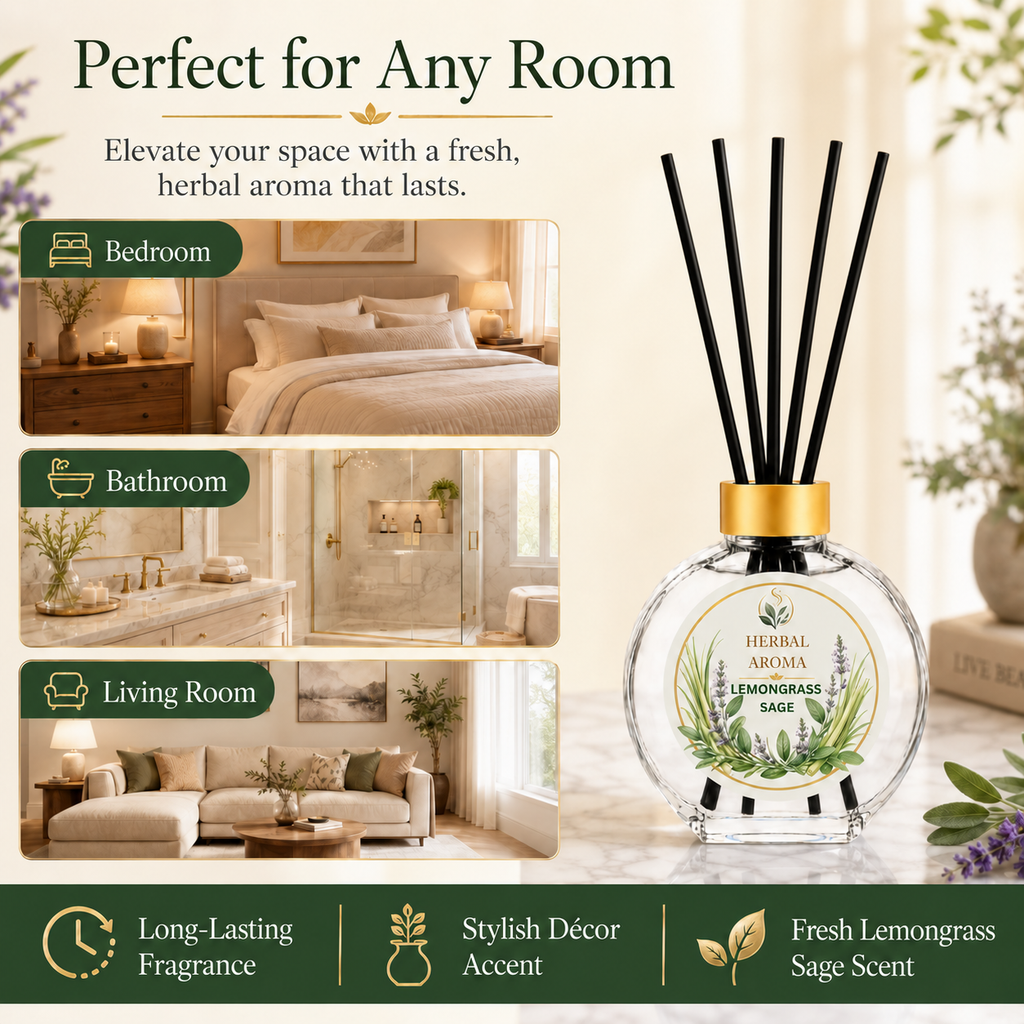 Herbal Aroma Lemongrass & Sage Reed Diffuser Refill Set, 3 Pack, 200 mL Each, 600 mL Total, Includes Black Reeds, Home Fragrance Refill