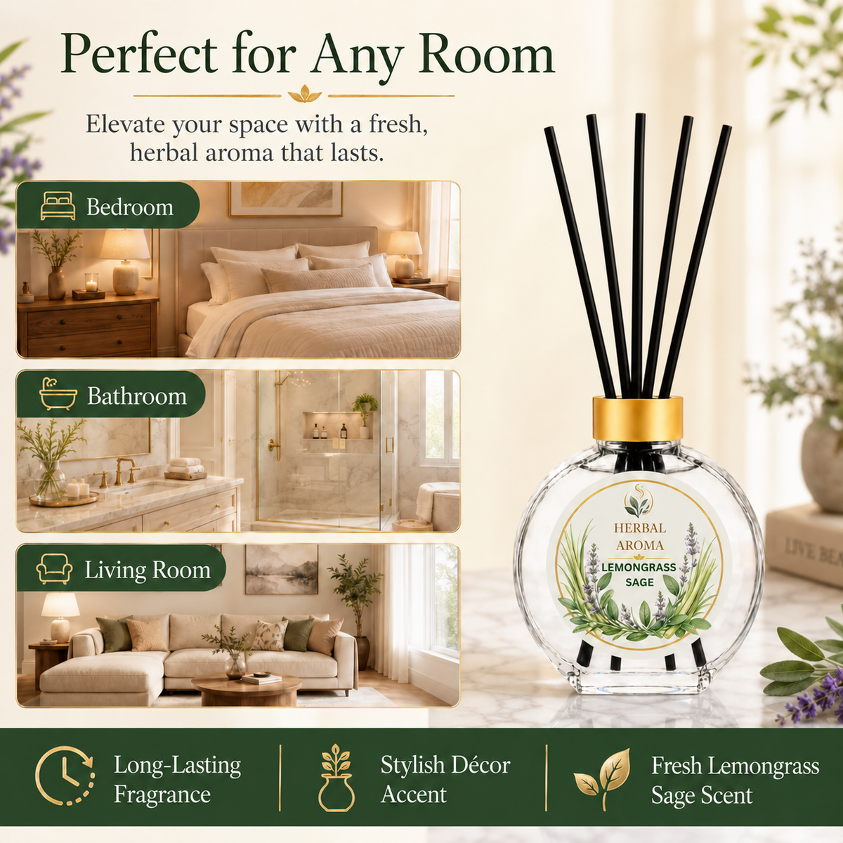 Herbal Aroma Lemongrass & Sage Reed Diffuser Set, 3 Pack Home Fragrance Diffusers, 100 mL Each, 300 mL Total, Fresh Herbal Scent for Home