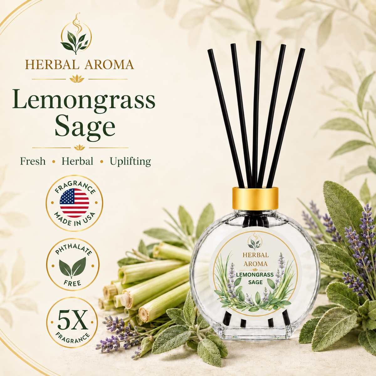 Herbal Aroma Lemongrass & Sage Reed Diffuser Set, 3 Pack Home Fragrance Diffusers, 100 mL Each, 300 mL Total, Fresh Herbal Scent for Home