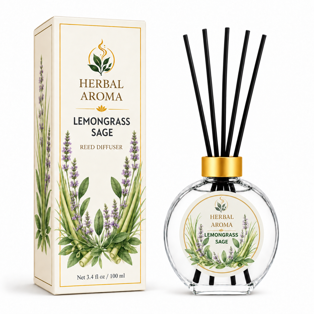 Herbal Aroma Lemongrass & Sage Reed Diffuser Refill Set, 3 Pack, 200 mL Each, 600 mL Total, Includes Black Reeds, Home Fragrance Refill