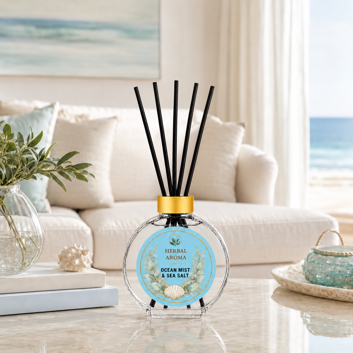 Herbal Aroma Ocean Mist & Sea Salt Reed Diffuser Refill Set, 3 Pack, 200 mL Each, 600 mL Total, Includes Black Reeds, Home Fragrance Refill