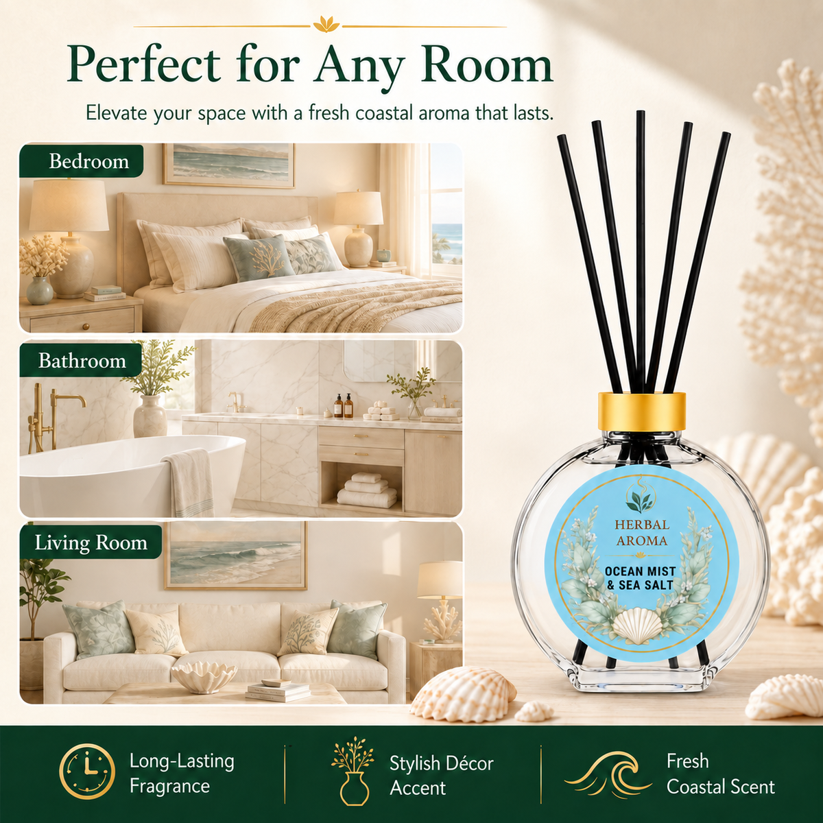 Herbal Aroma Ocean Mist & Sea Salt Reed Diffuser Refill Set, 3 Pack, 200 mL Each, 600 mL Total, Includes Black Reeds, Home Fragrance Refill