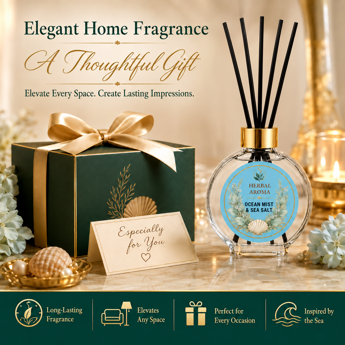 Herbal Aroma Ocean Mist & Sea Salt Reed Diffuser Refill Set, 3 Pack, 200 mL Each, 600 mL Total, Includes Black Reeds, Home Fragrance Refill