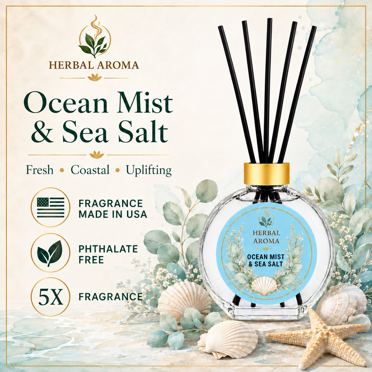 Herbal Aroma Ocean Mist & Sea Salt Home Fragrance Set, 3-Piece Reed Diffuser with 200 mL Refill and 200 mL Room Spray, 100 mL Diffuser