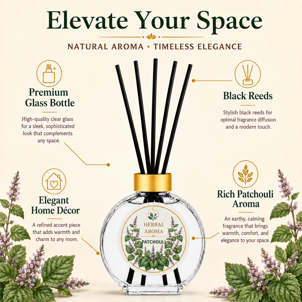 Herbal Aroma Patchouli Reed Diffuser Set, 3 Pack Home Fragrance Diffusers, 100 mL Each, 300 mL Total, Warm Earthy Reed Diffusers for Home & Office