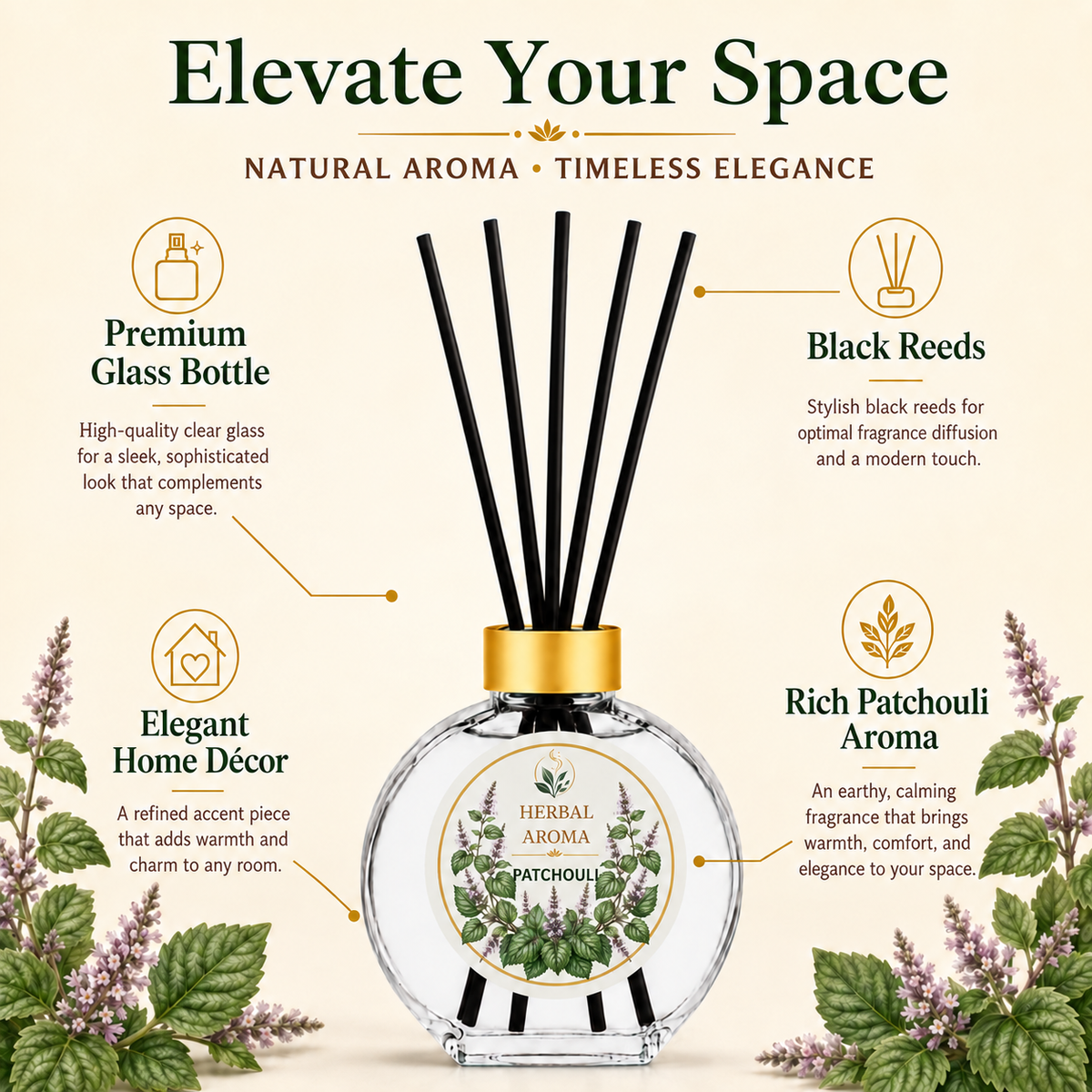 Herbal Aroma Patchouli Reed Diffuser Refill Set, 3 Pack, 200 mL Each, 600 mL Total, Includes Black Reeds, Home Fragrance Refill