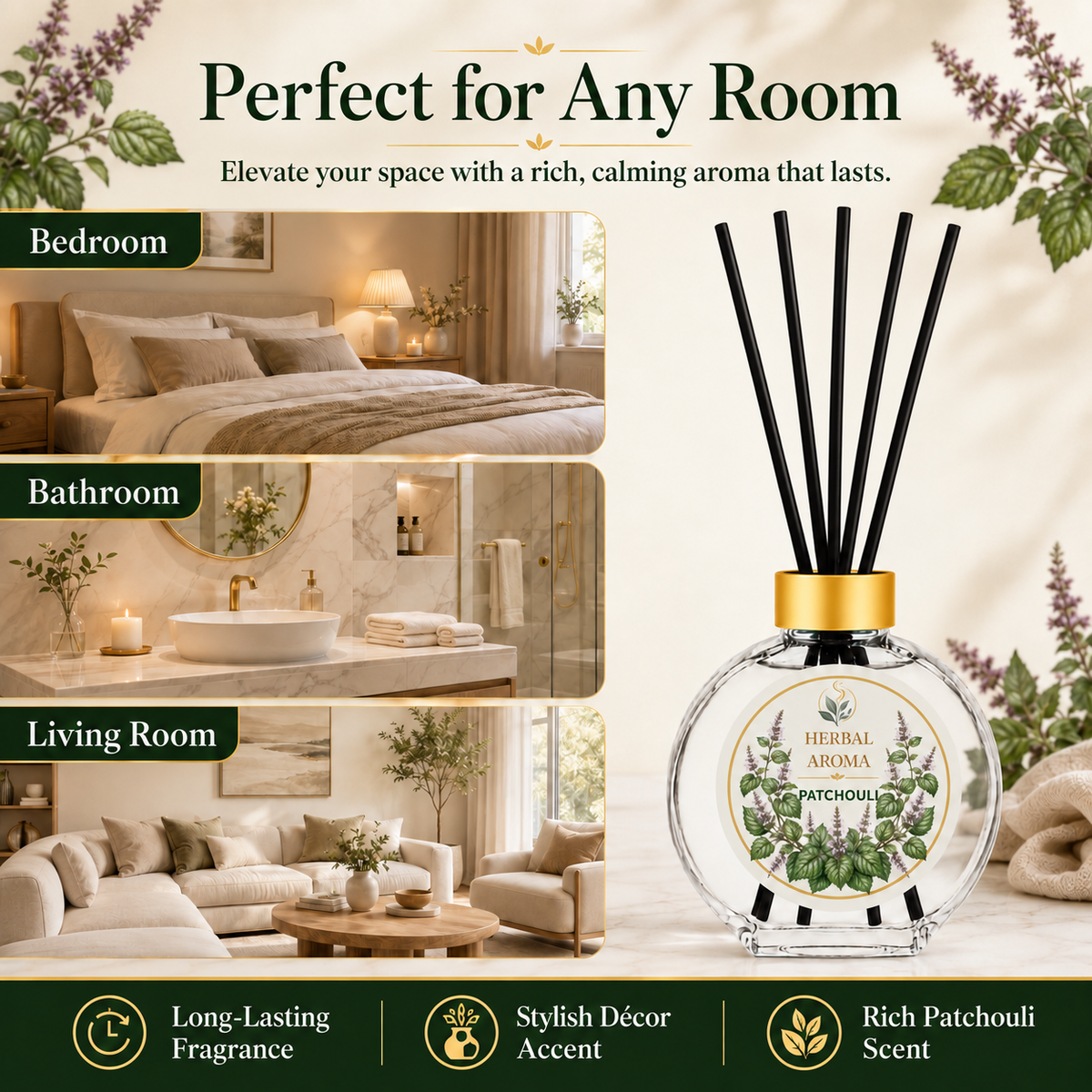 Herbal Aroma Patchouli Reed Diffuser Set, 3 Pack Home Fragrance Diffusers, 100 mL Each, 300 mL Total, Warm Earthy Reed Diffusers for Home & Office