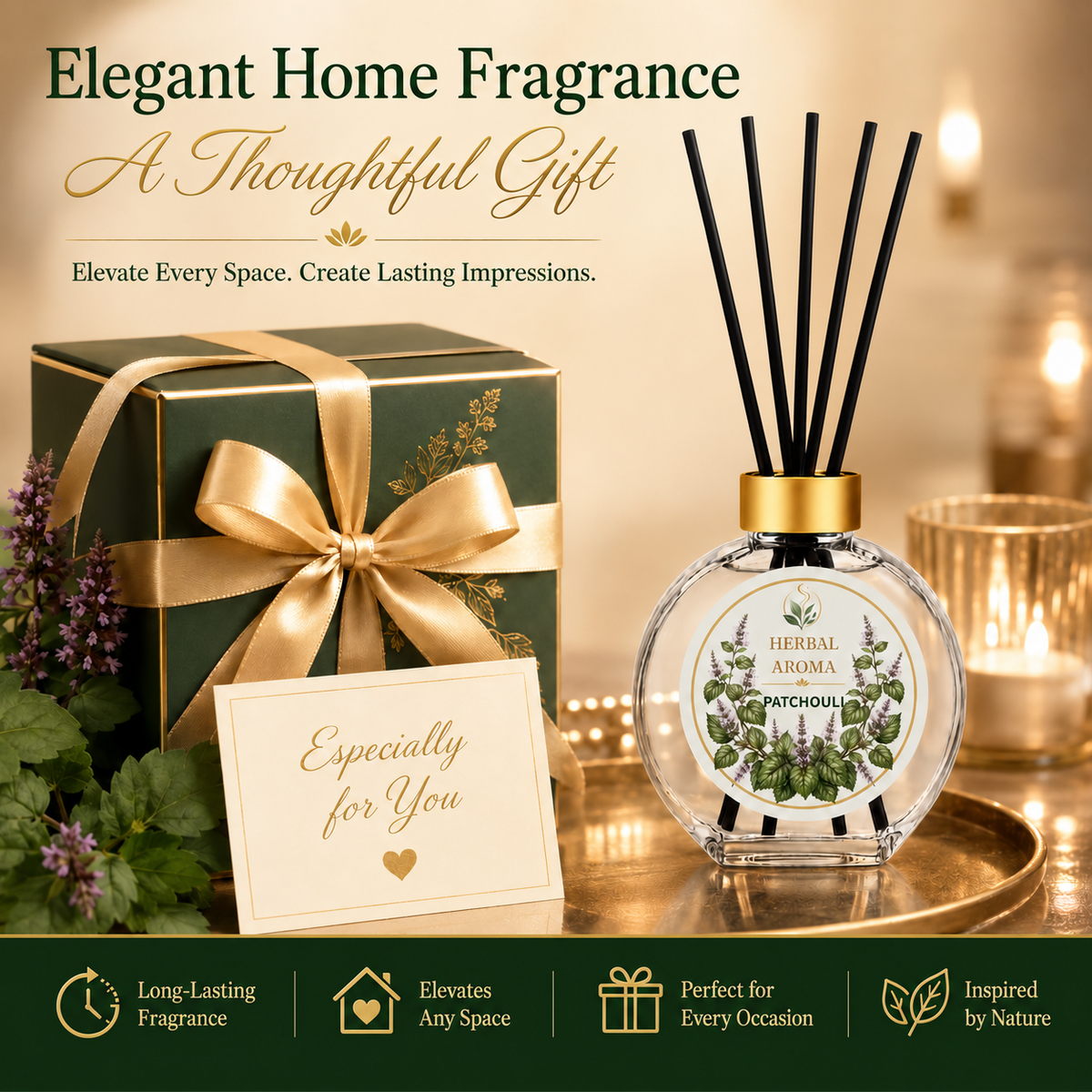 Herbal Aroma Patchouli Reed Diffuser Set, 3 Pack Home Fragrance Diffusers, 100 mL Each, 300 mL Total, Warm Earthy Reed Diffusers for Home & Office