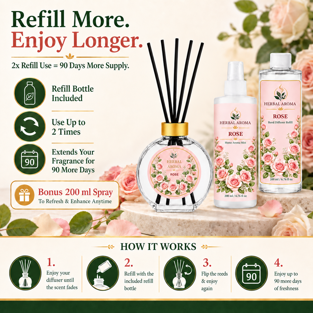 Herbal Aroma Rose Reed Diffuser Refill Set, 3 Pack, 200 mL Each, 600 mL Total, Includes Black Reeds, Home Fragrance Refill