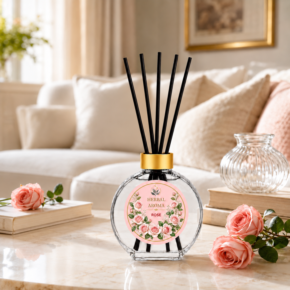 Herbal Aroma Rose Reed Diffuser Refill Set, 3 Pack, 200 mL Each, 600 mL Total, Includes Black Reeds, Home Fragrance Refill