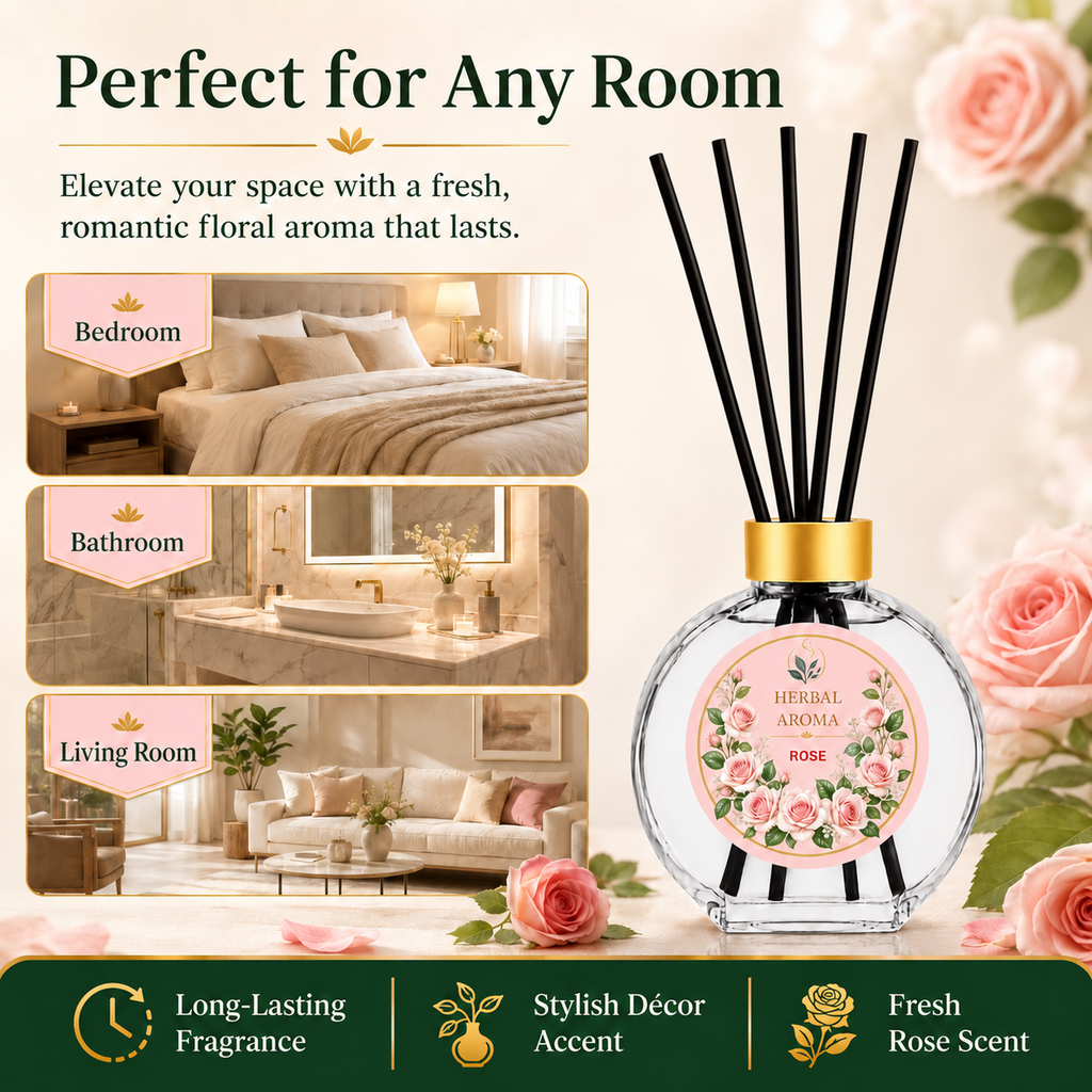Herbal Aroma Rose Reed Diffuser Refill Set, 3 Pack, 200 mL Each, 600 mL Total, Includes Black Reeds, Home Fragrance Refill