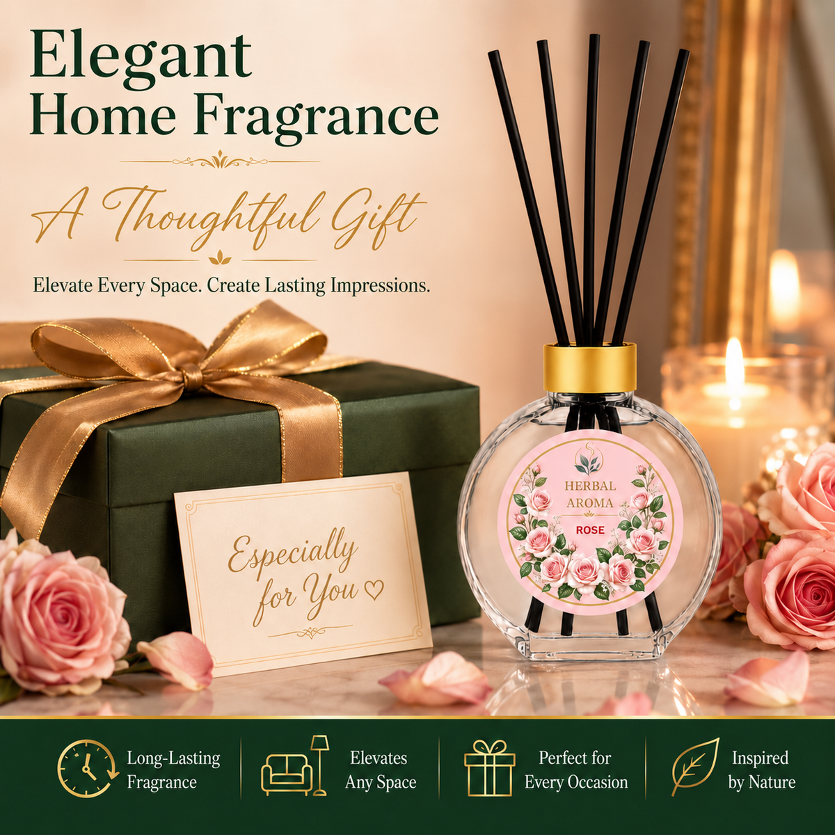 Herbal Aroma Rose Reed Diffuser Set, 3 Pack Home Fragrance Diffusers, 100 mL Each, 300 mL Total, Floral Reed Diffusers for Home, Bedroom & Office