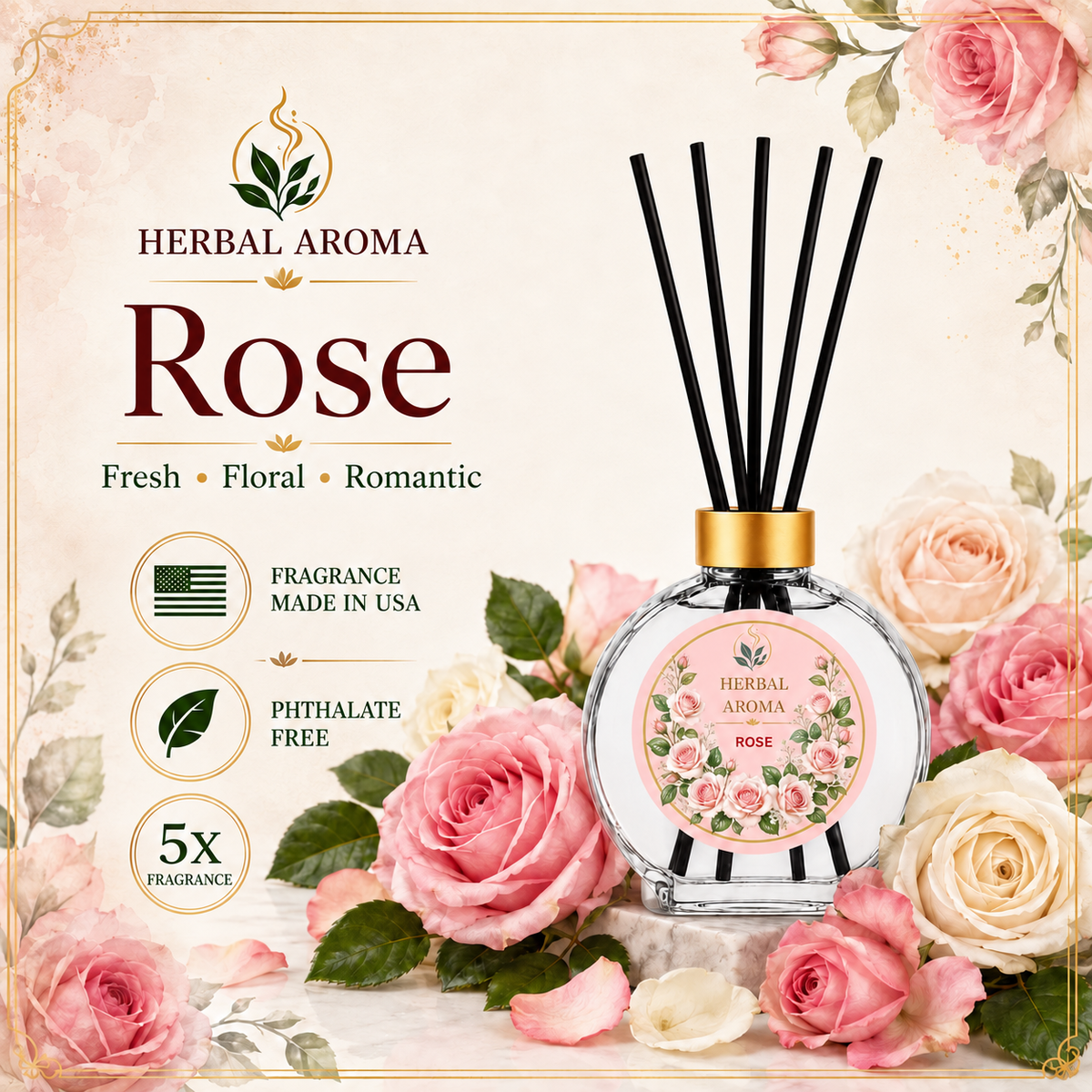 Herbal Aroma Rose Reed Diffuser Set, 3 Pack Home Fragrance Diffusers, 100 mL Each, 300 mL Total, Floral Reed Diffusers for Home, Bedroom & Office