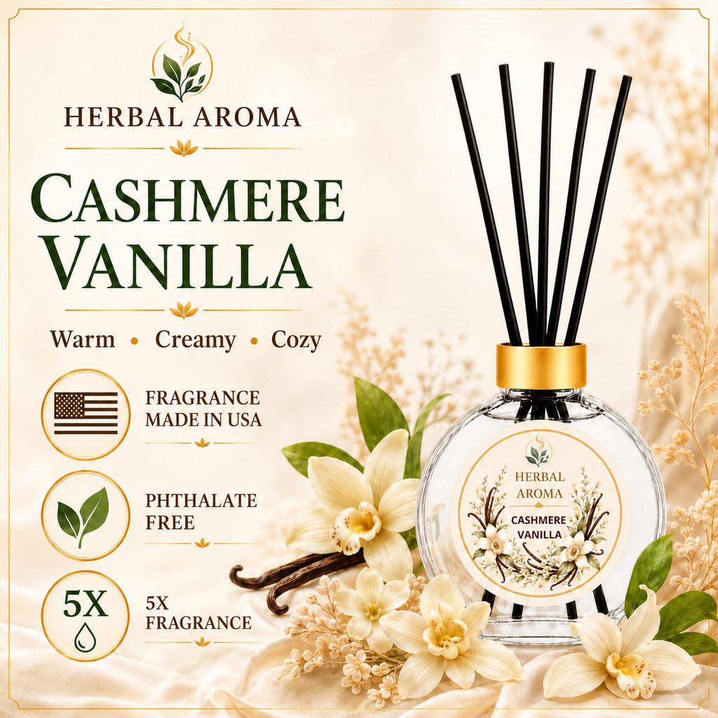 Herbal Aroma Cashmere Vanilla Reed Diffuser Refill Set, 3 Pack, 200 mL Each, 600 mL Total, Includes Black Reeds, Home Fragrance Refill
