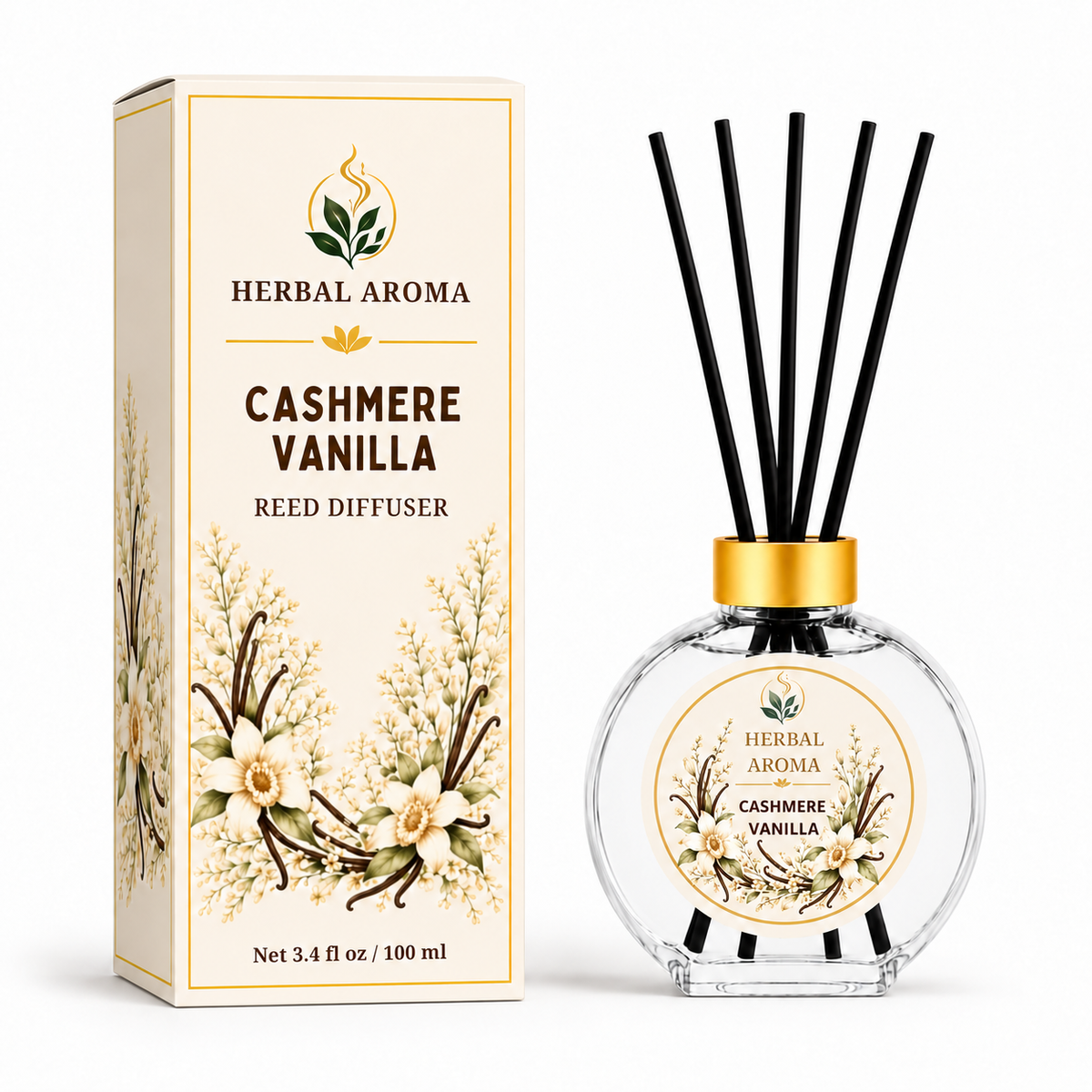 Herbal Aroma Cashmere Vanilla Reed Diffuser Refill Set, 3 Pack, 200 mL Each, 600 mL Total, Includes Black Reeds, Home Fragrance Refill