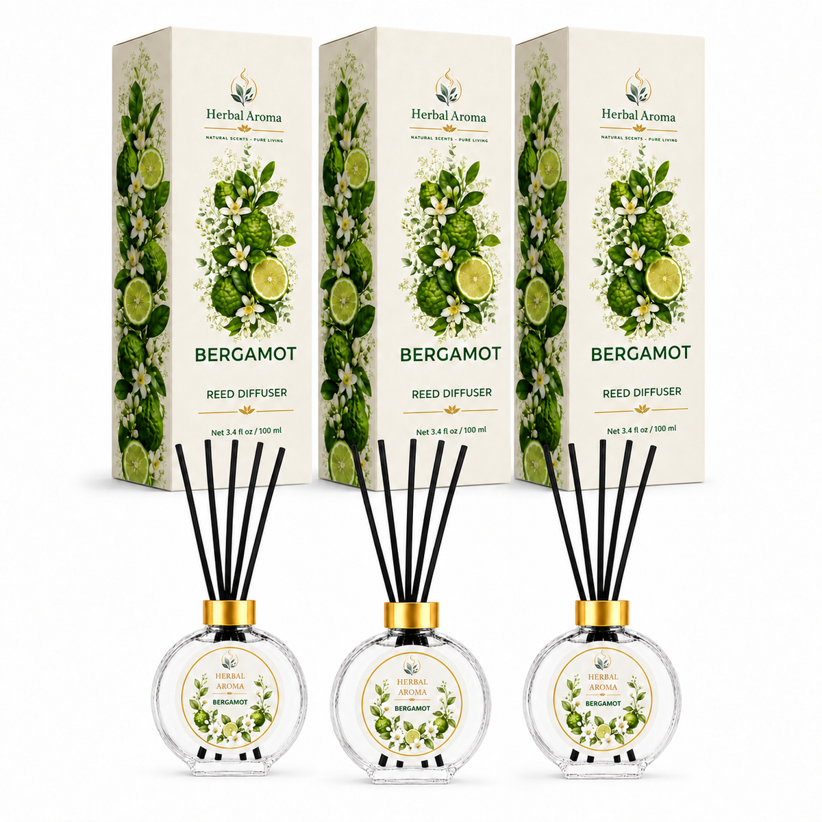 Herbal Aroma Bergamot Reed Diffuser Set, 3 Pack Home Fragrance Diffusers, 100 mL Each, 300 mL Total, Decorative Reed Diffusers for Home, Bedroom & Office