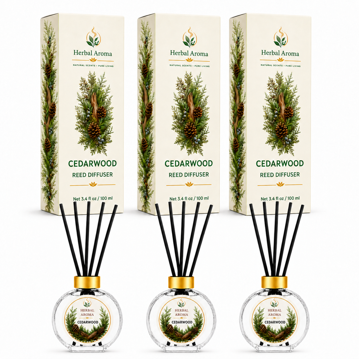 Herbal Aroma Cedarwood Reed Diffuser Set, 3 Pack Home Fragrance Diffusers, 100 mL Each, 300 mL Total, Woody Home Fragrance for Bedroom, Living Room & Office