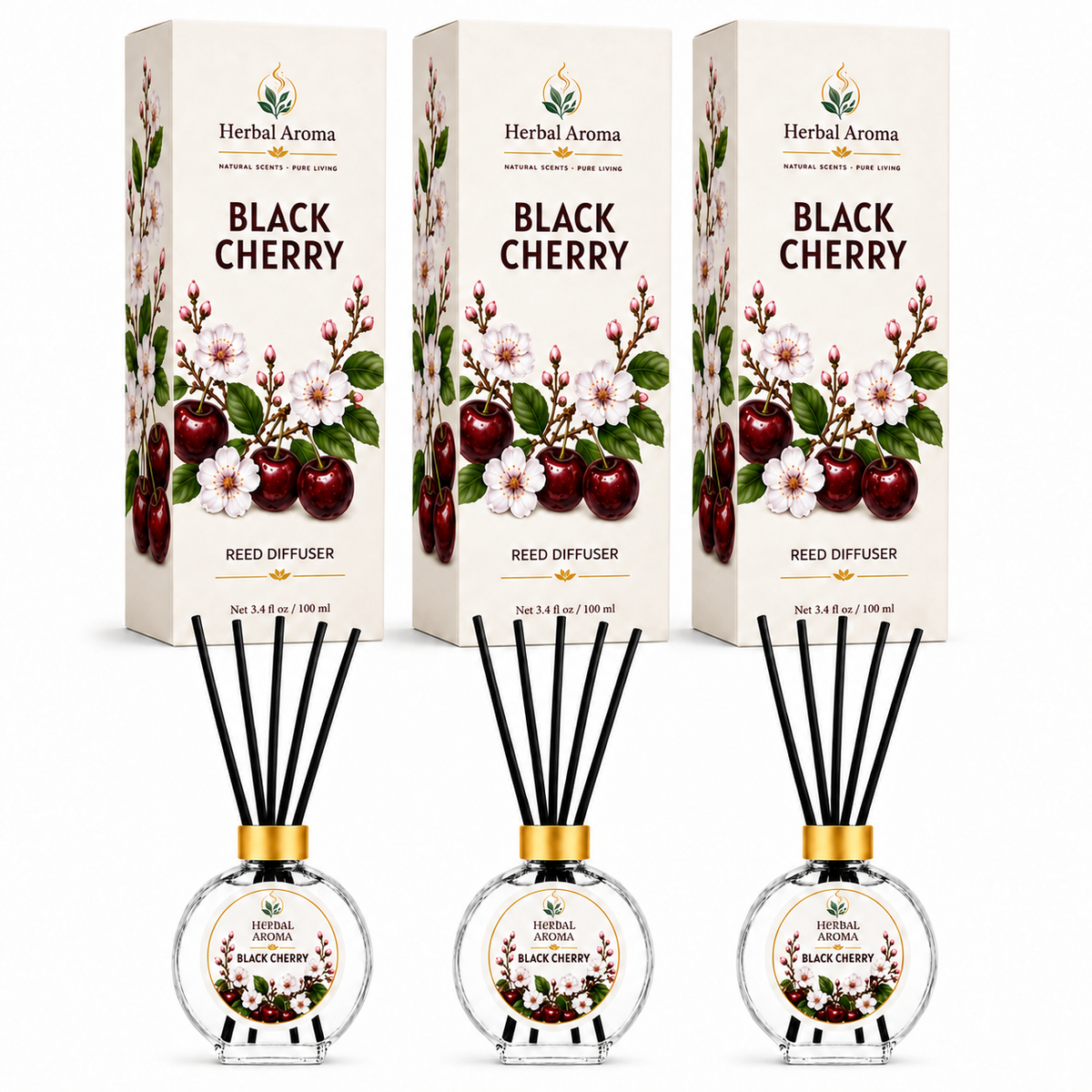Herbal Aroma Black Cherry Reed Diffuser Set, 3 Pack Home Fragrance Diffusers, 100 mL Each, 300 mL Total, Fruity Home Fragrance for Bedroom & Office