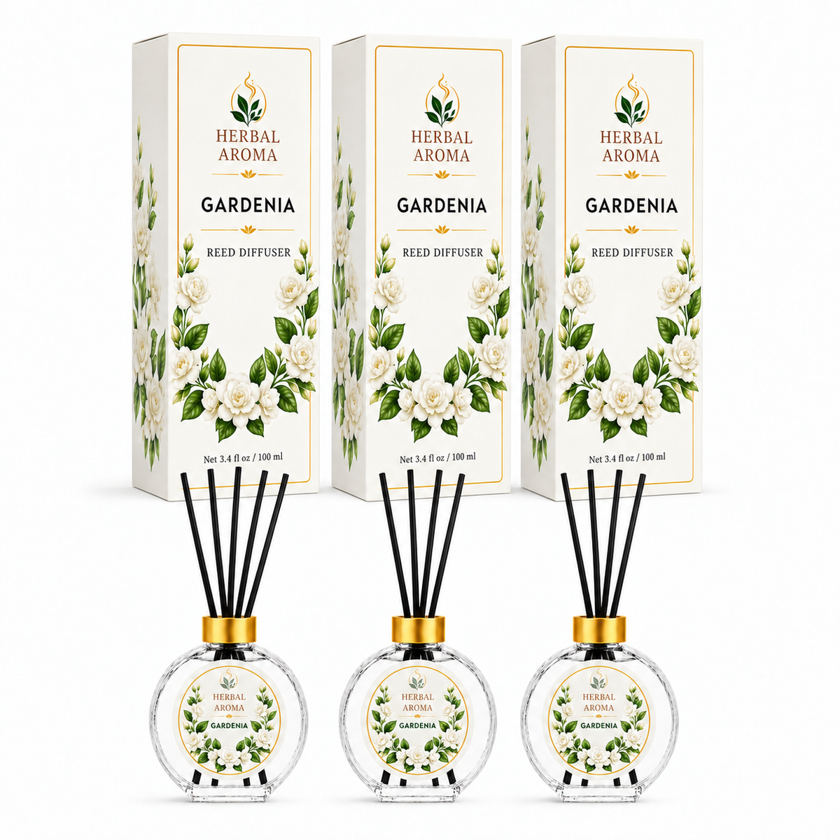 Herbal Aroma Gardenia Reed Diffuser Set, 3 Pack Home Fragrance Diffusers, 100 mL Each, 300 mL Total, Floral Reed Diffusers for Home, Bedroom & Office