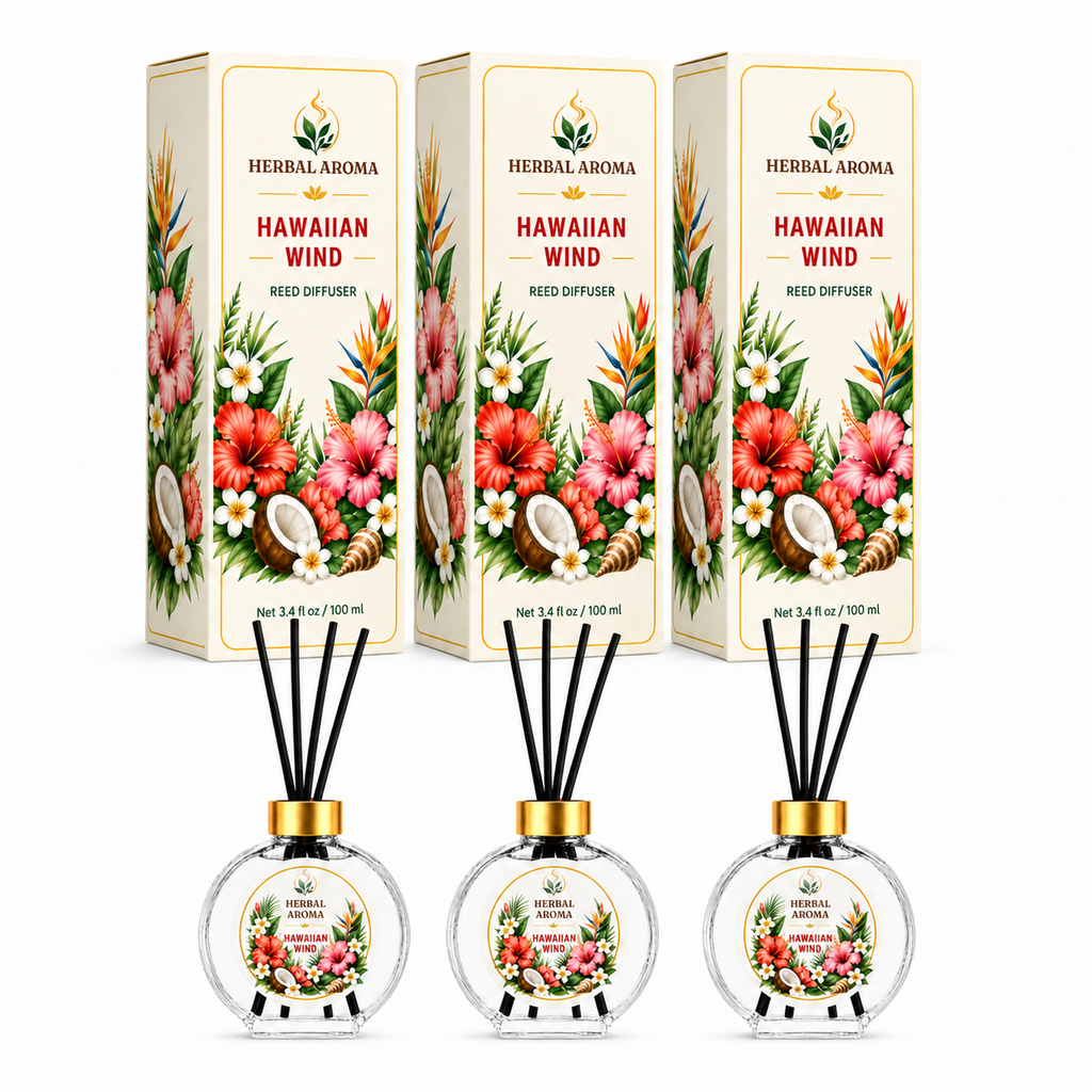 Herbal Aroma Hawaiian Wind Reed Diffuser Set, 3 Pack Home Fragrance Diffusers, 100 mL Each, 300 mL Total, Tropical Home Fragrance for Bedroom & Office