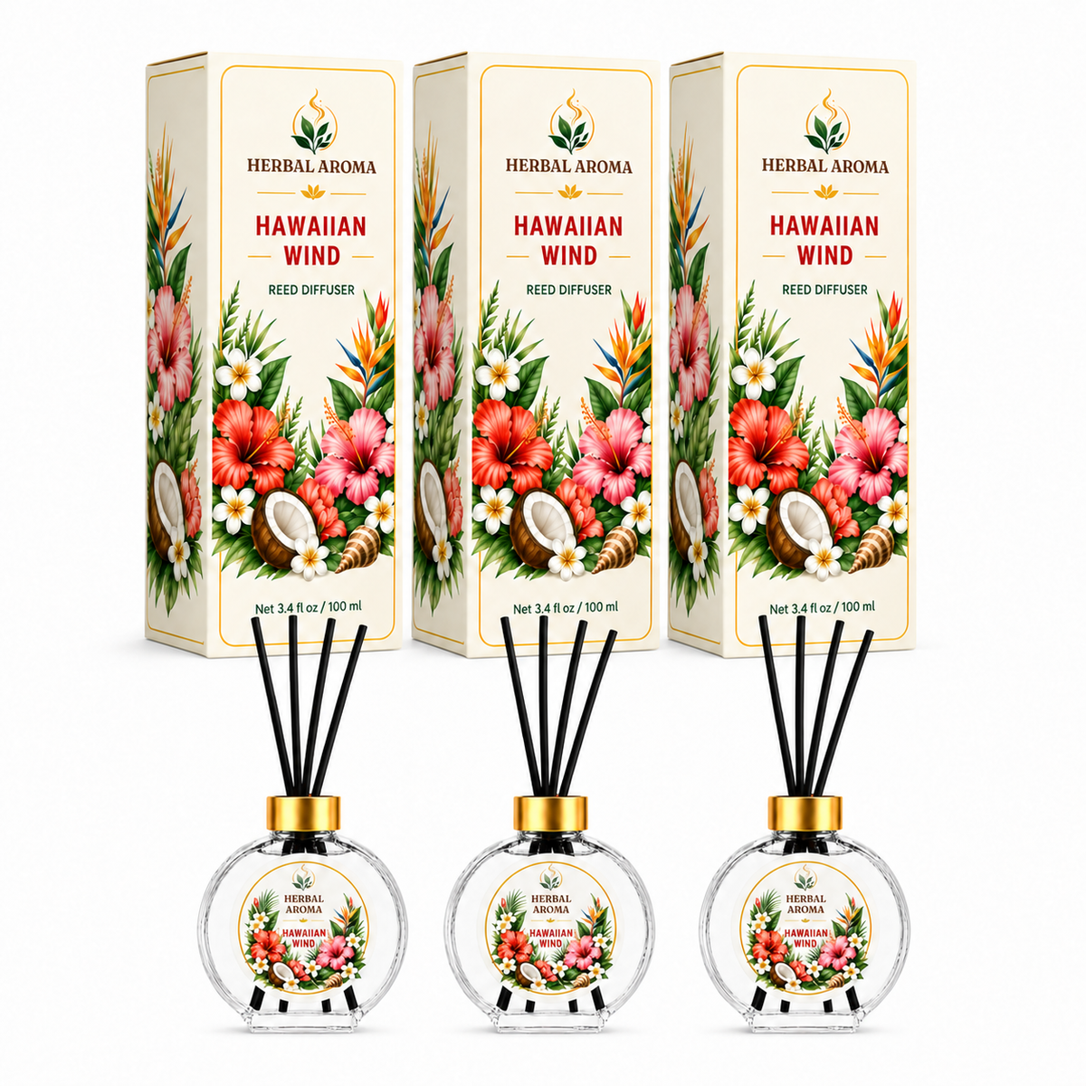 Herbal Aroma Hawaiian Wind Reed Diffuser Set, 3 Pack Home Fragrance Diffusers, 100 mL Each, 300 mL Total, Tropical Home Fragrance for Bedroom & Office