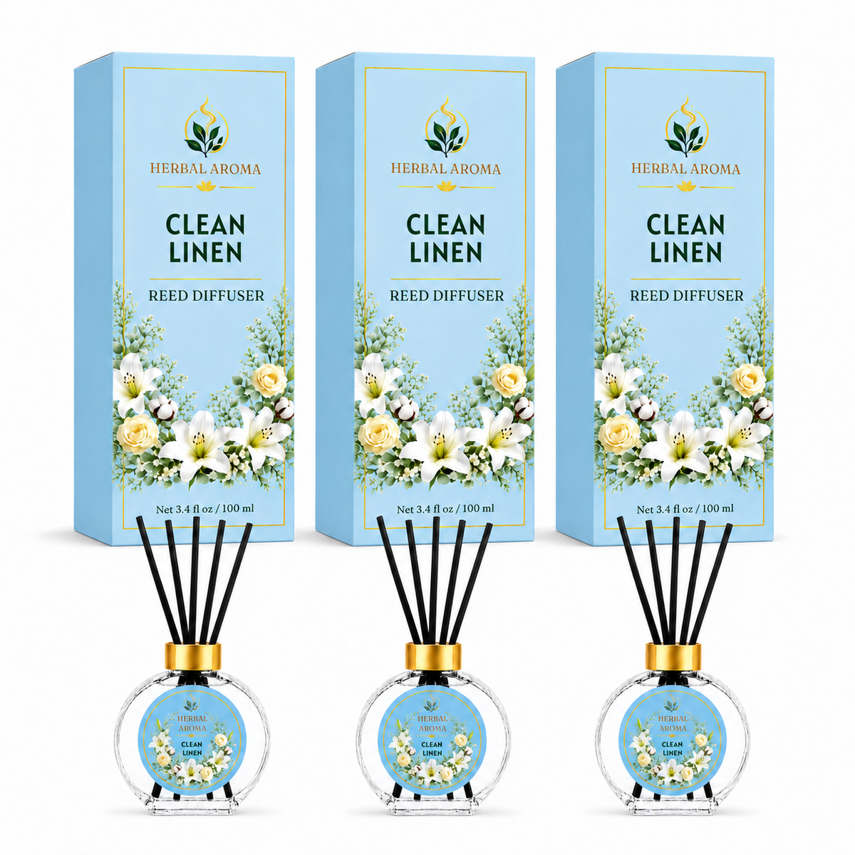 Herbal Aroma Clean Linen Reed Diffuser Set, 3 Pack Home Fragrance Diffusers, 100 mL Each, 300 mL Total, Fresh Reed Diffusers for Home, Bathroom & Office