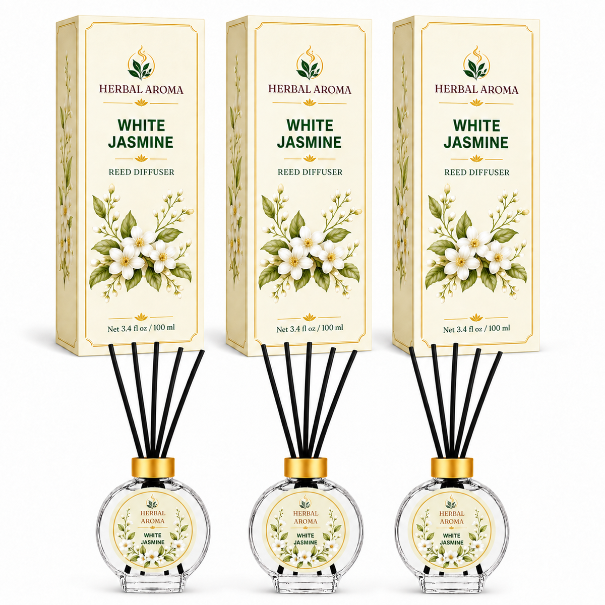 Herbal Aroma White Jasmine Reed Diffuser Set, 3 Pack Home Fragrance Diffusers, 100 mL Each, 300 mL Total, Floral Reed Diffusers for Home & Office