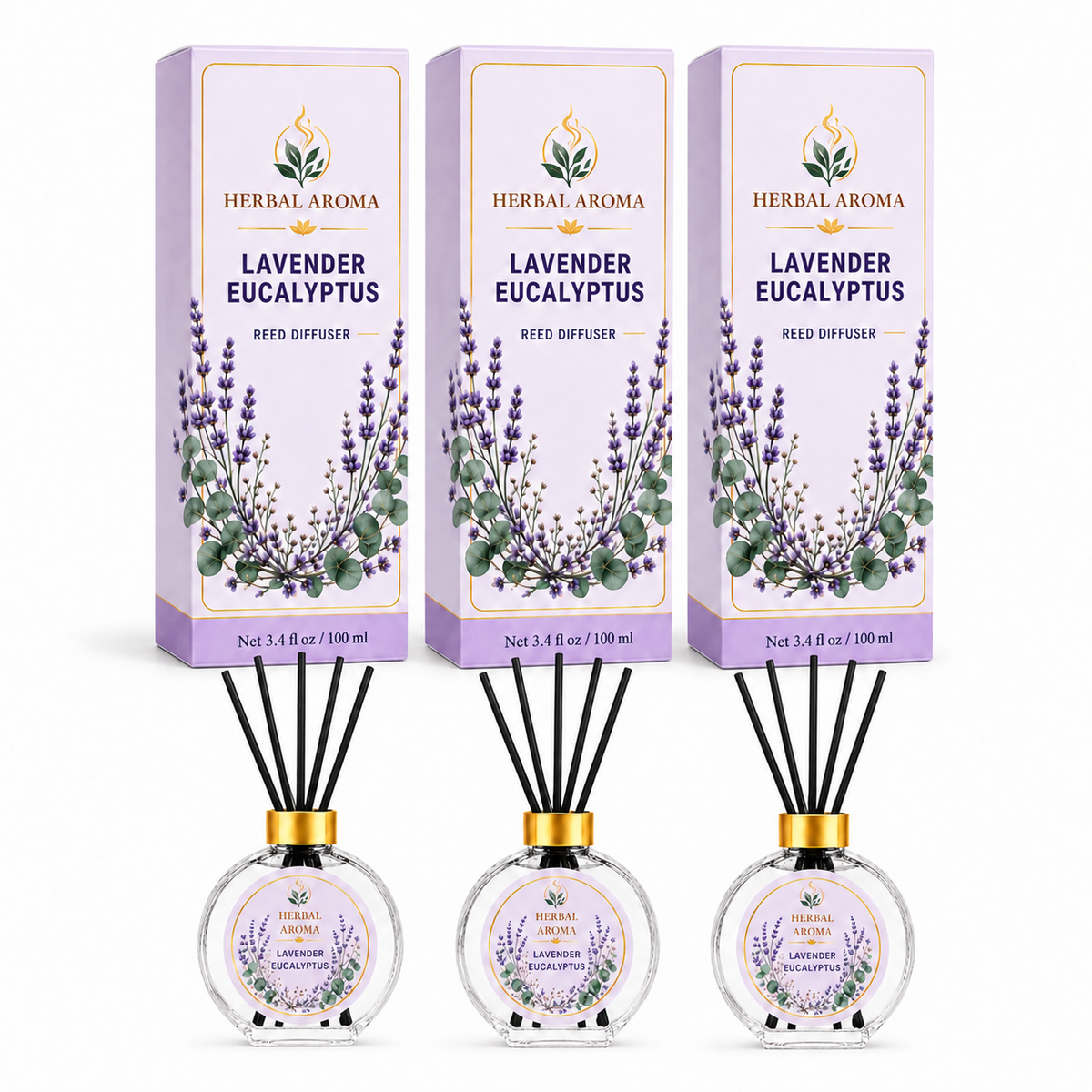 Herbal Aroma Lavender Eucalyptus Reed Diffuser Set, 3 Pack Home Fragrance Diffusers, 100 mL Each, 300 mL Total, Decorative Reed Diffusers for Home