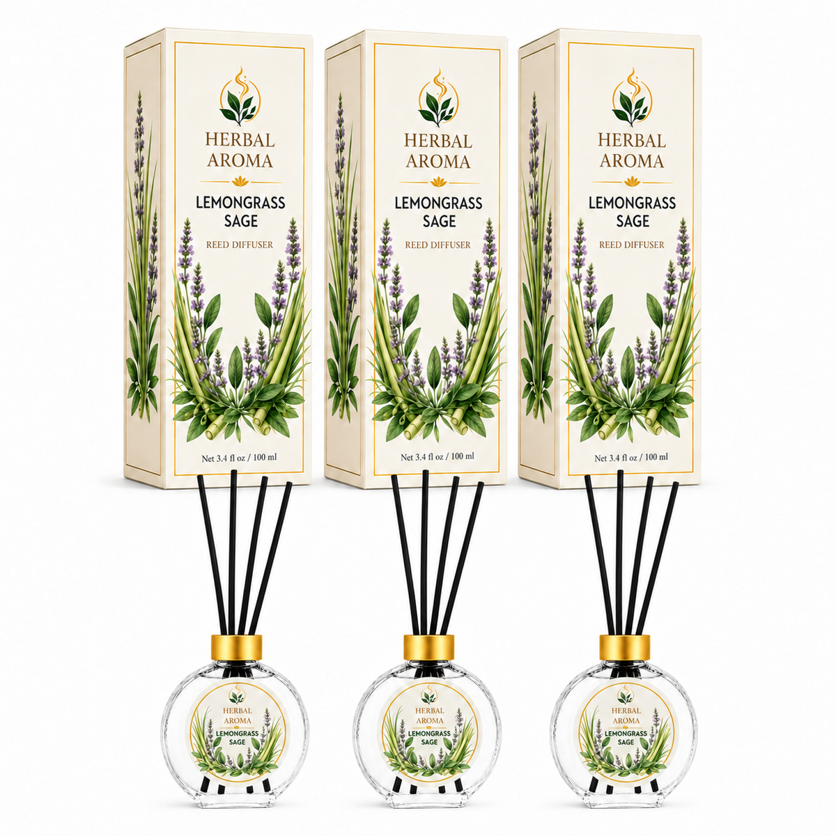 Herbal Aroma Lemongrass & Sage Reed Diffuser Set, 3 Pack Home Fragrance Diffusers, 100 mL Each, 300 mL Total, Fresh Herbal Scent for Home
