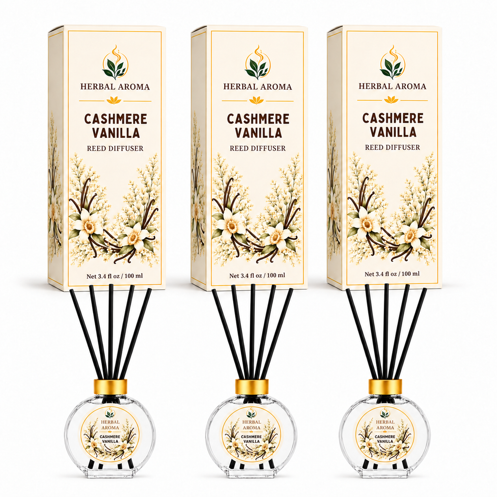 Herbal Aroma Cashmere Vanilla Reed Diffuser Set, 3 Pack Home Fragrance Diffusers, 100 mL Each, 300 mL Total, Decorative Reed Diffusers for Home, Bedroom & Office