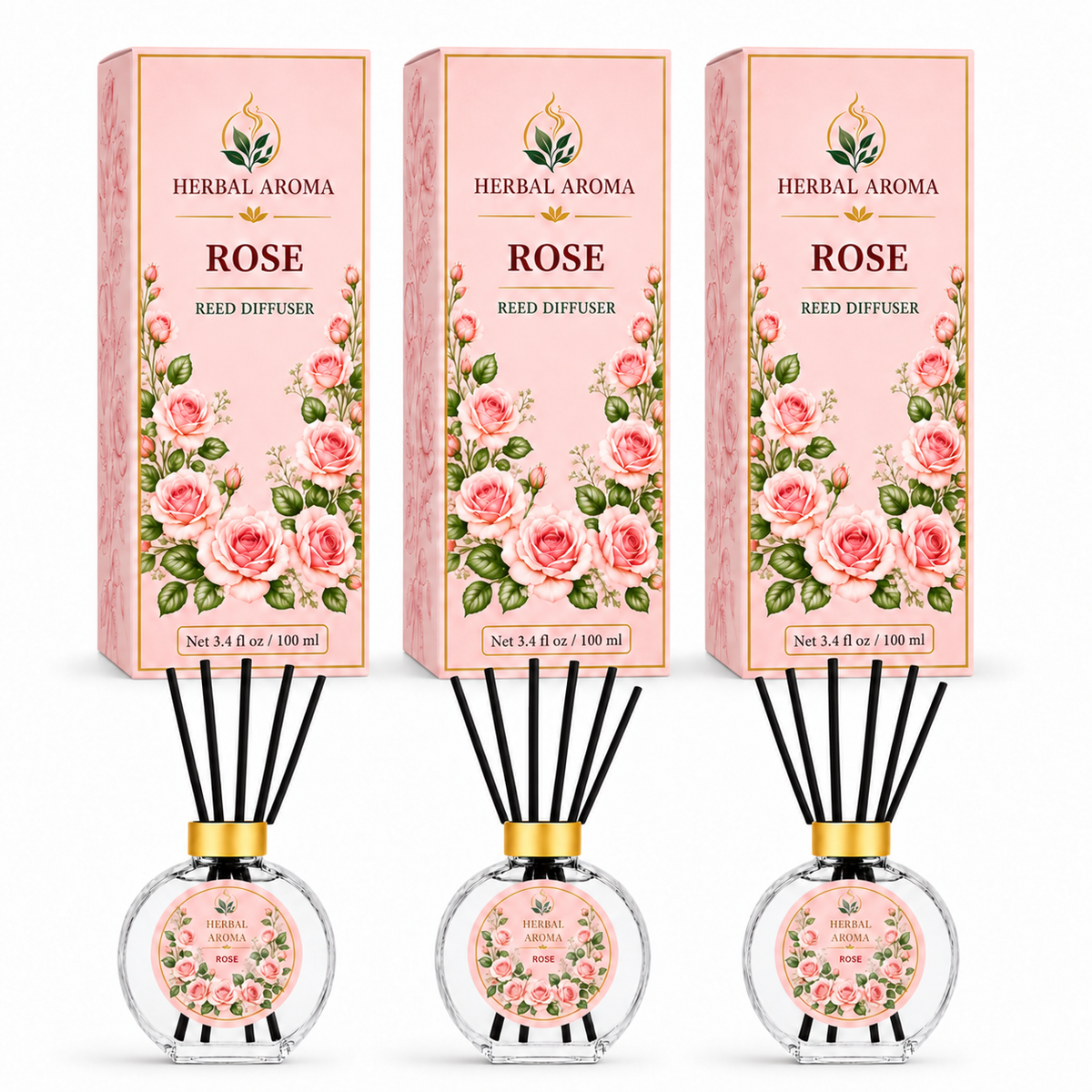 Herbal Aroma Rose Reed Diffuser Set, 3 Pack Home Fragrance Diffusers, 100 mL Each, 300 mL Total, Floral Reed Diffusers for Home, Bedroom & Office