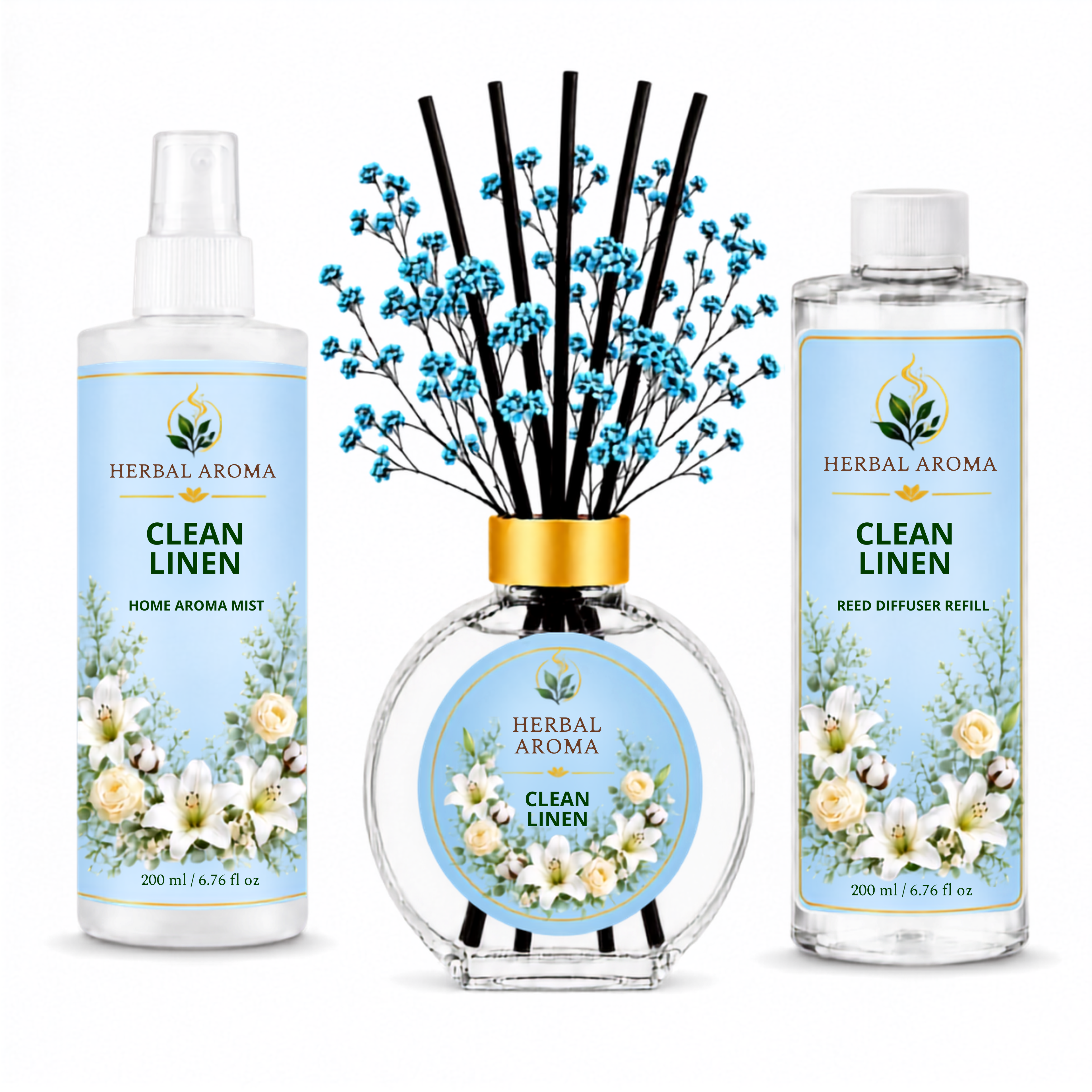 Herbal Aroma Clean Linen Home Fragrance Set, 3-Piece Reed Diffuser with 200 mL Refill and 200 mL Room Spray, 100 mL Diffuser