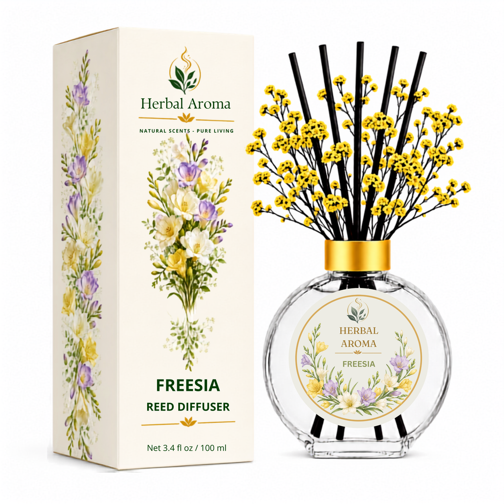 Herbal Aroma Freesia Home Fragrance Set, 3-Piece Reed Diffuser with 200 mL Refill and 200 mL Room Spray, 100 mL Diffuser