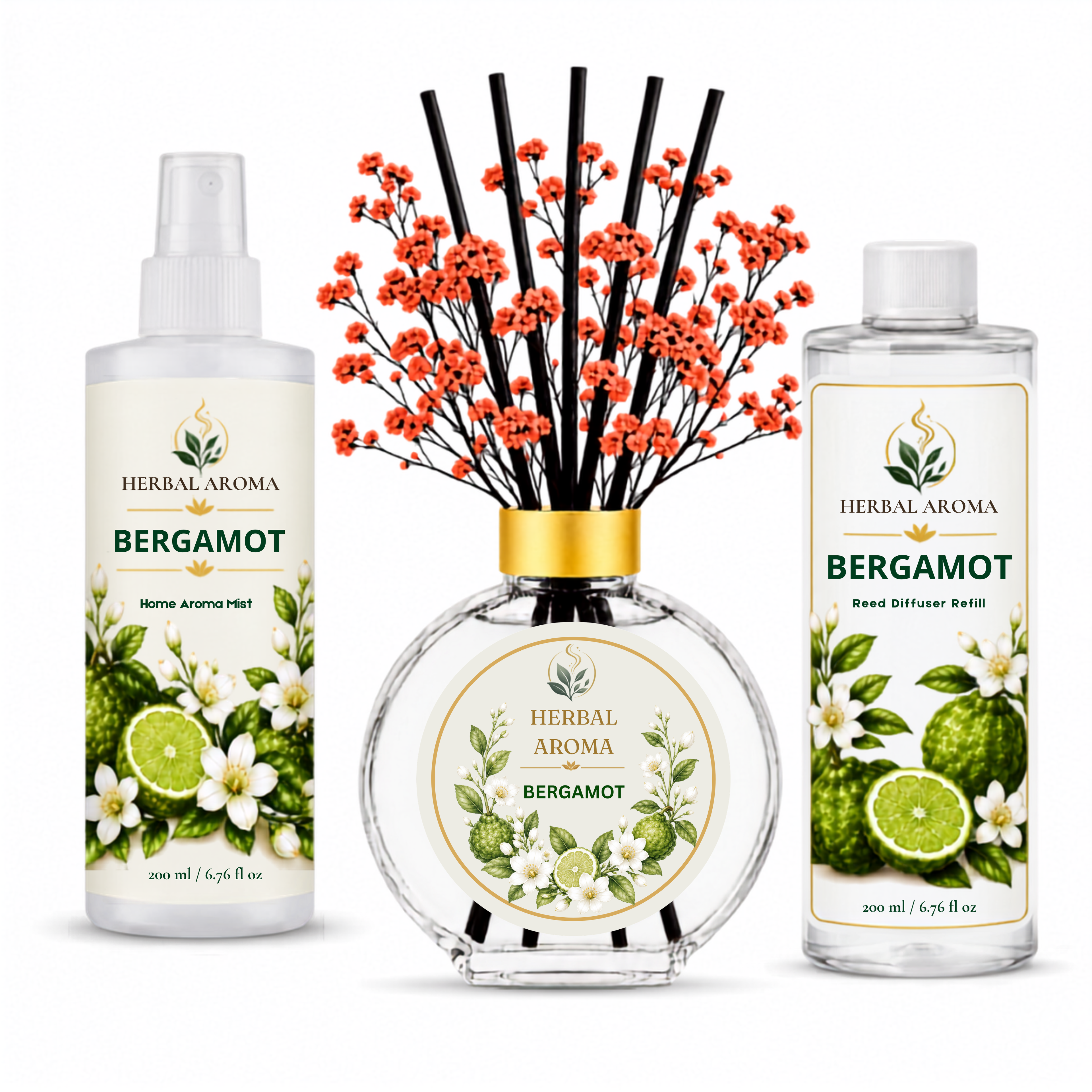 Herbal Aroma Bergamot Home Fragrance Set, 3-Piece Reed Diffuser with 200 mL Refill and 200 mL Room Spray, 100 mL Diffuser