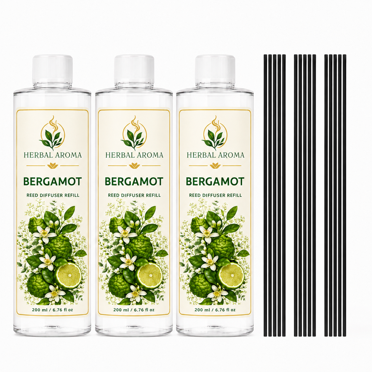 Herbal Aroma Bergamot Reed Diffuser Refill Set, 3 Pack, 200 mL Each, 600 mL Total, Includes Black Reeds, Home Fragrance Refill