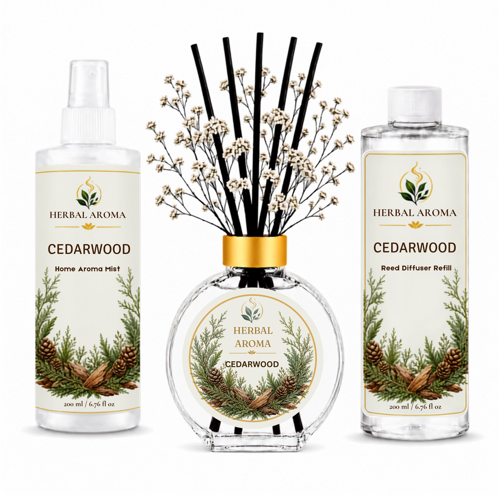 Herbal Aroma Cedarwood Home Fragrance Set, 3-Piece Reed Diffuser with 200 mL Refill and 200 mL Room Spray, 100 mL Diffuser